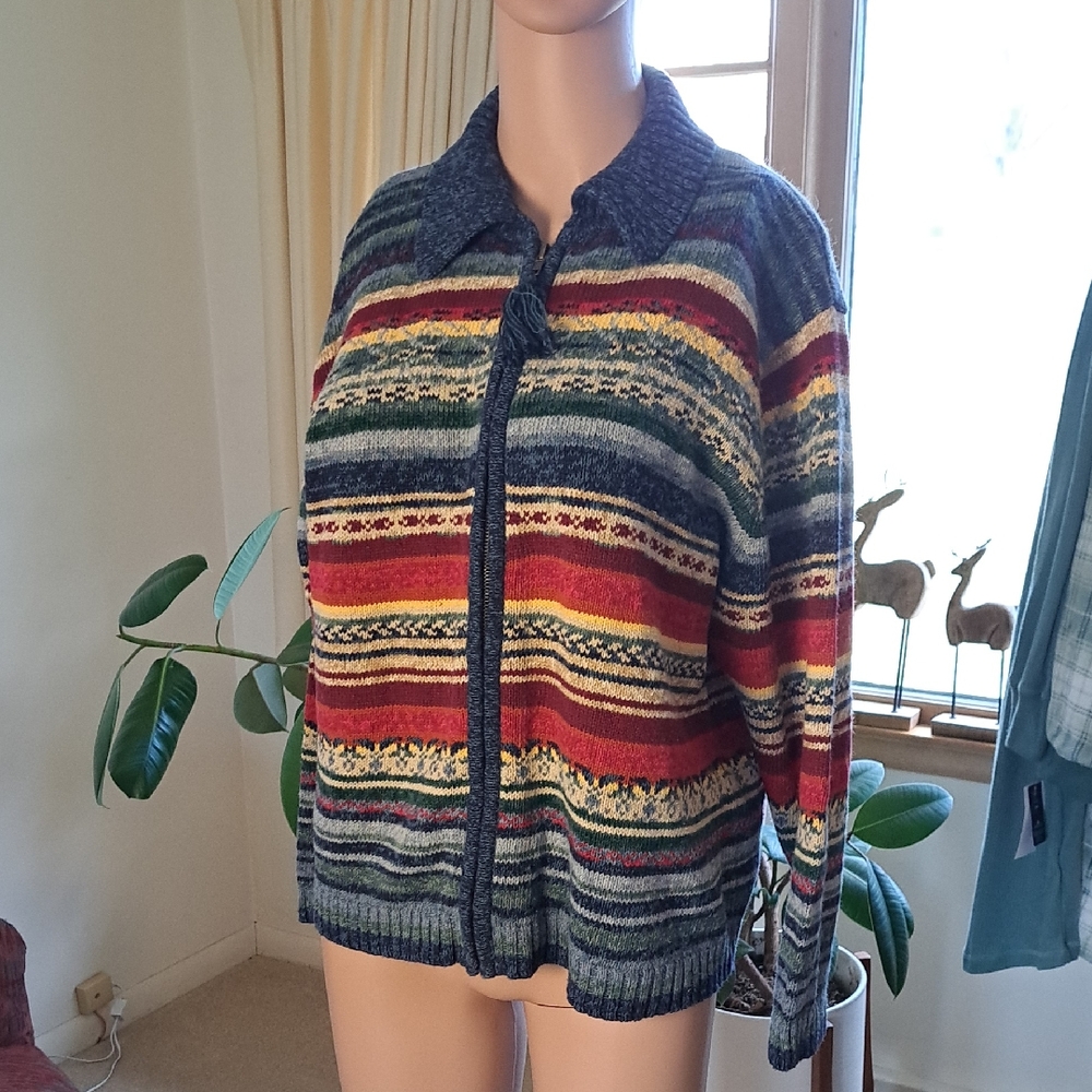 Heirloom Collectibles Striped Multi-Color Zip Cardigan Sweater XL